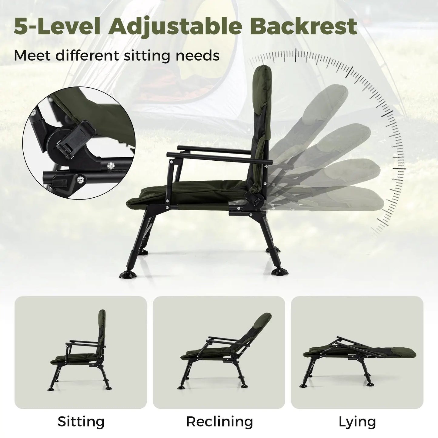 Oversized foldable fishing chair with armrests, green, 5-level adjustable backrest DirectDeals on Tampa Home & Garden Store