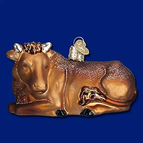 Ox laying down mouth-blown glass ornament brown with white speckles The Country Christmas Loft on Tampa Home & Garden Store