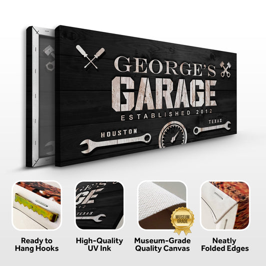Canvas Man Cave Garage Sign by Tailored Canvases, black woodgrain with white lettering on Tampa Home & Garden Store