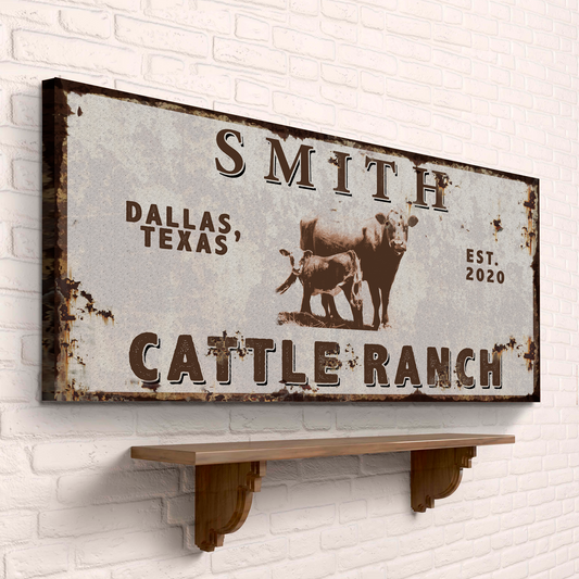 Angus Cattle Ranch canvas sign by Tailored Canvases with rustic distressed look on wall on Tampa Home & Garden Store