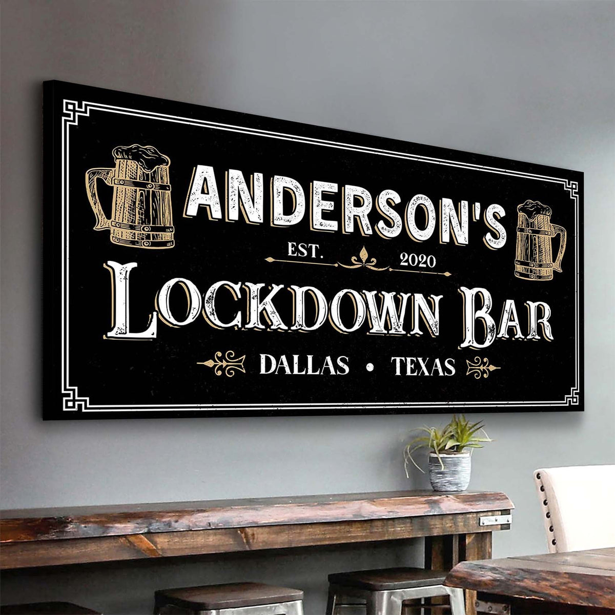 Lockdown Bar Sign canvas by Tailored Canvases; black background with typography and beer mugs on Tampa Home & Garden Store