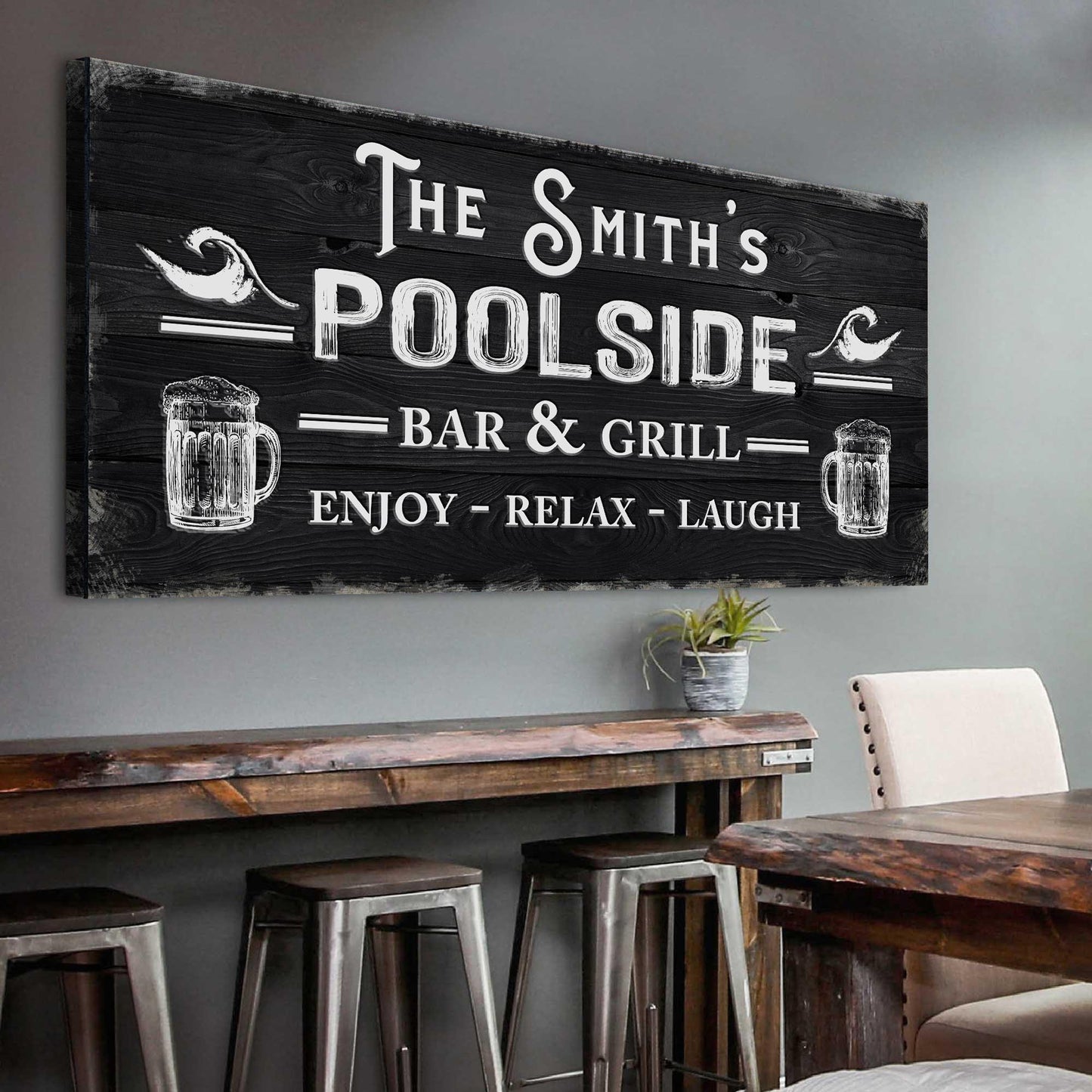 Personalized Poolside Bar And Grill Sign Canvas Tailored Canvases, black wood with white text on Tampa Home & Garden Store