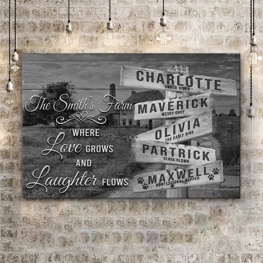 Where Love Grows And Laughter Flows Family Names Sign canvas art with wood and warm bulbs on Tampa Home & Garden Store