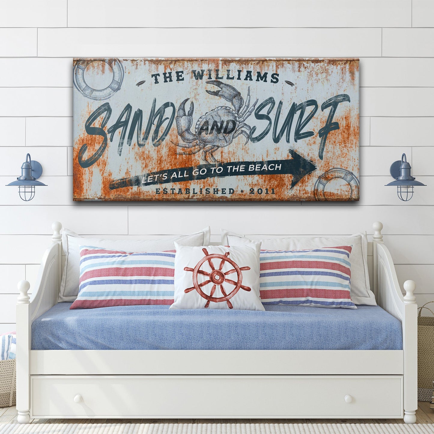 Sand and Surf Canvas sign by Tailored Canvases, rusted nautical backdrop with crab accent on Tampa Home & Garden Store