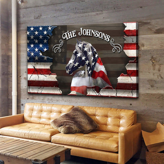 Family Name Sign American Horse Wall Art canvas by Tailored Canvases with flag backdrop on Tampa Home & Garden Store