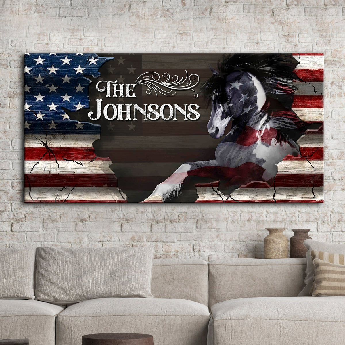 Family name sign canvas with American flag and horse silhouette The Johnsons on Tampa Home & Garden Store