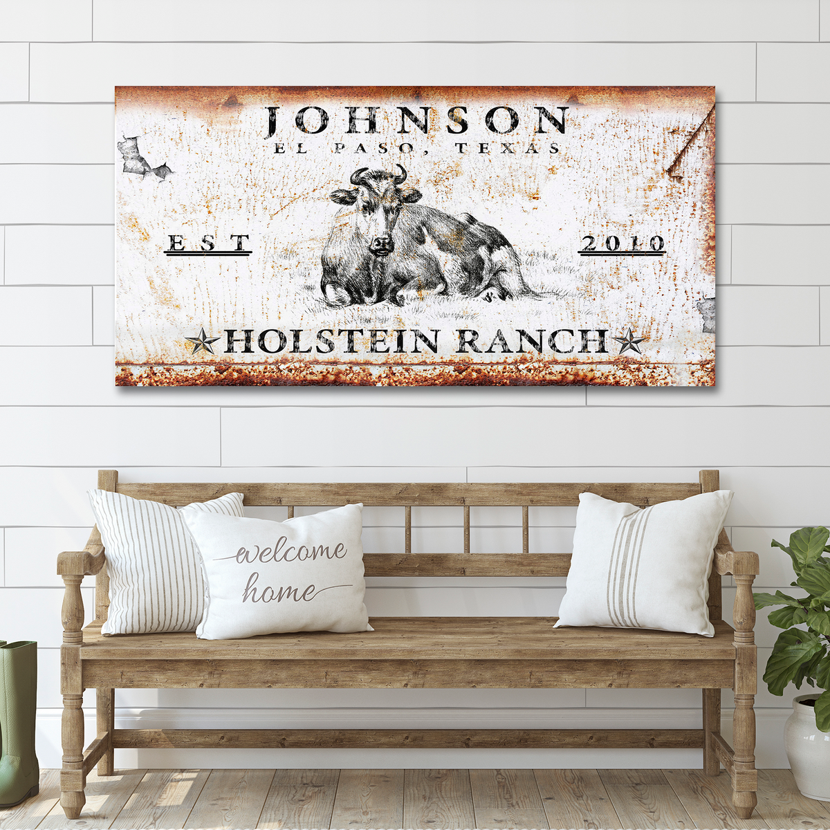 Holstein Ranch canvas sign by Tailored Canvases, rustic white with cow illustration on Tampa Home & Garden Store