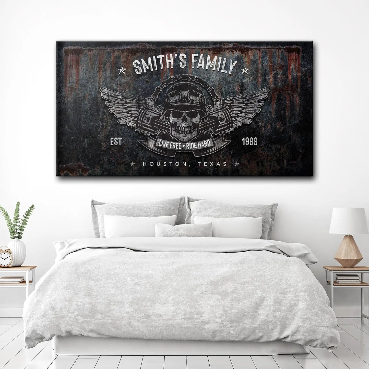 Live Free Ride Hard Sign canvas by Tailored Canvases with skull and wings on rusted metal on Tampa Home & Garden Store