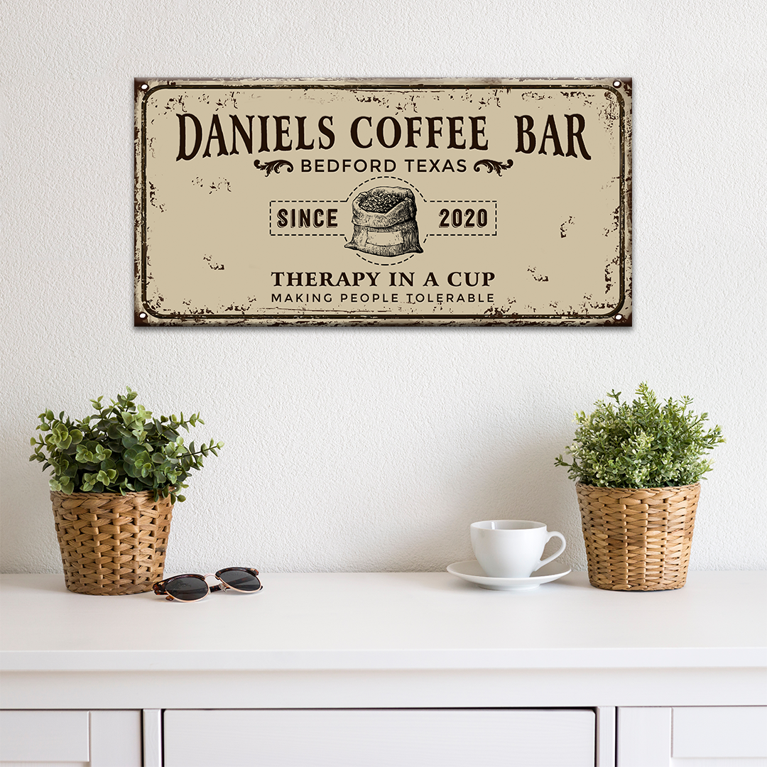 Therapy In A Cup Coffee Bar Sign canvas by Tailored Canvases, vintage beige distressed finish on Tampa Home & Garden Store