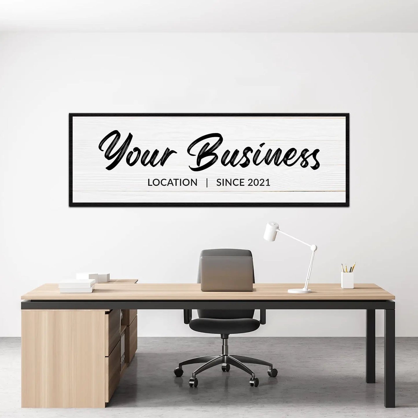 Your Business Location Sign canvas by Tailored Canvases with white wood texture and black frame on Tampa Home & Garden Store