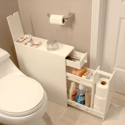 Space-saving bathroom floor cabinet in white wood by HomePacific with top drawer and lower shelf on Tampa Home & Garden Store
