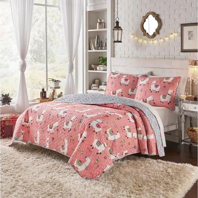Full/Queen Pink Blue Reversible Floral Llama 100-Percent Cotton Quilt Set - Tampa Home & Garden Store