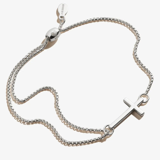 Pull chain cross bracelet by Alex and Ani in silver with a cross pendant on a box chain on Tampa Home & Garden Store