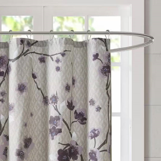 72 x 72 in Cotton Shower Curtain with Purple Grey Beige Floral Blossom Pattern - Tampa Home & Garden Store
