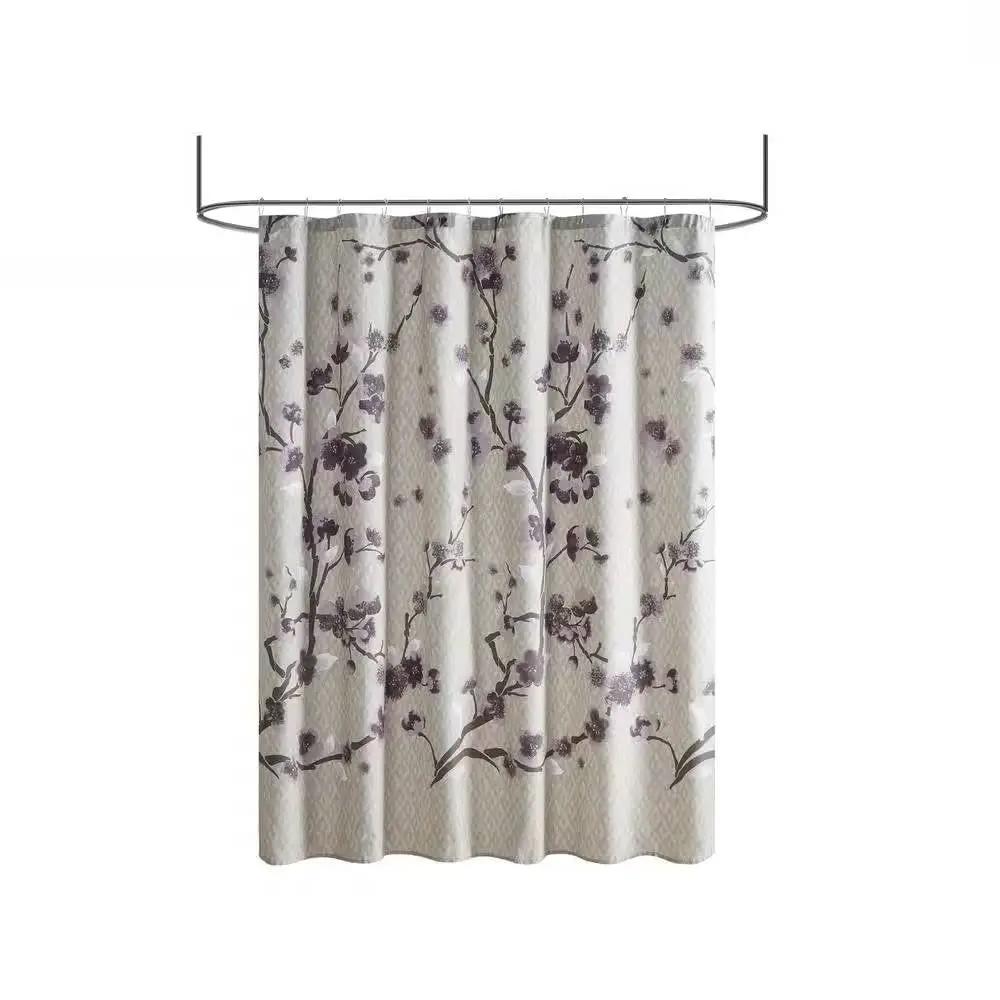 72 x 72 in Cotton Shower Curtain with Purple Grey Beige Floral Blossom Pattern - Tampa Home & Garden Store