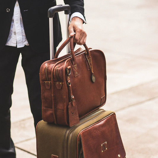 Hank Double Zip Leather Briefcase and Sleeve by Will Leather Goods, brown leather laptop bag on Tampa Home & Garden Store