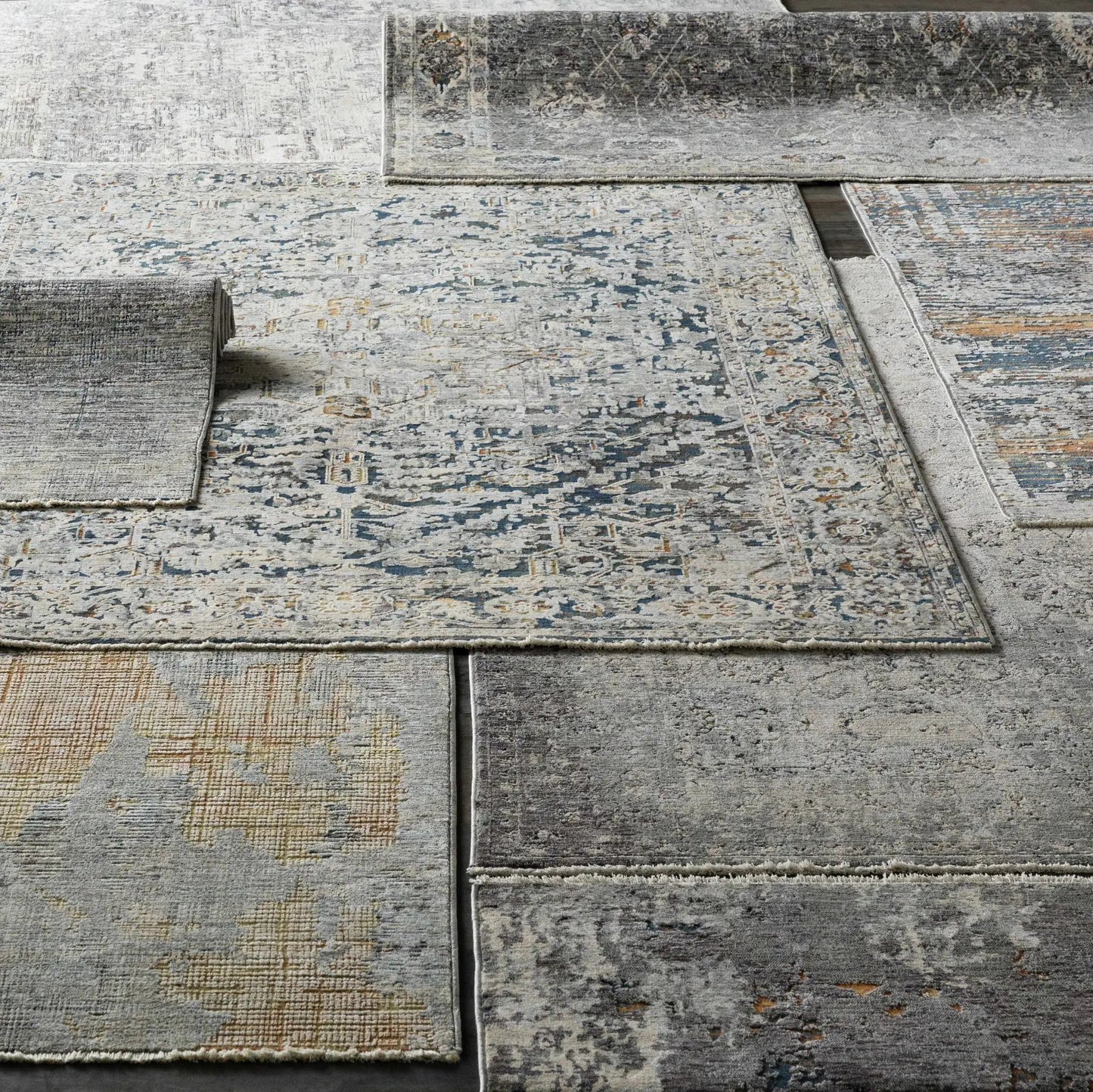 Cuckfield textured luxury rug ivory blue Boutique Rugs distressed motif on Tampa Home & Garden Store