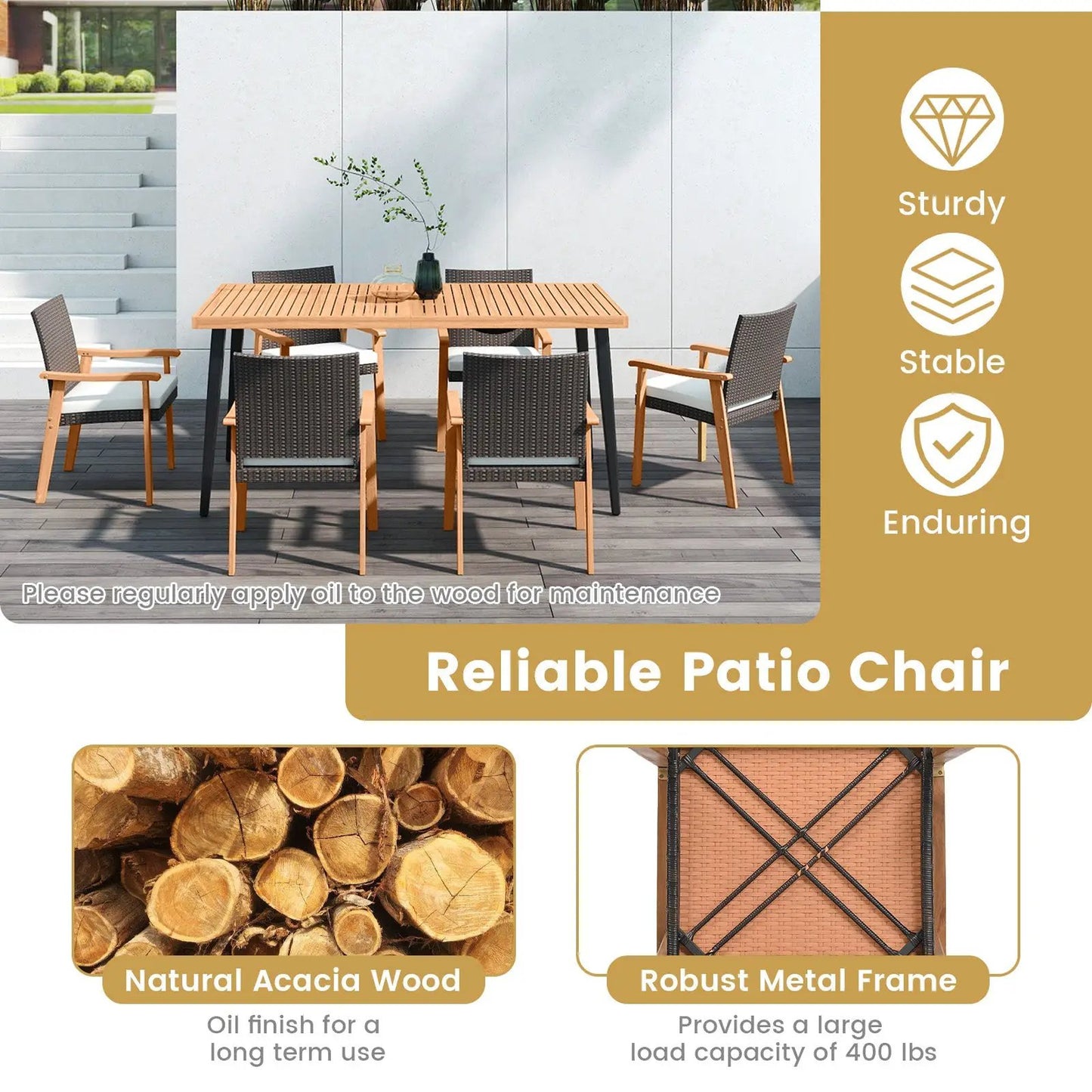 Rattan outdoor patio dining chair set of 4 with white cushions and natural wood armrests on Tampa Home & Garden Store