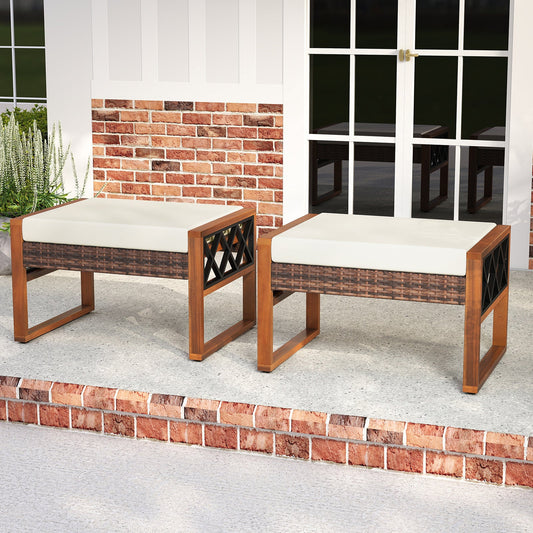 PE Rattan Wicker Ottomans Set of 2 with Removable Cushions-Beige - Tampa Home & Garden Store