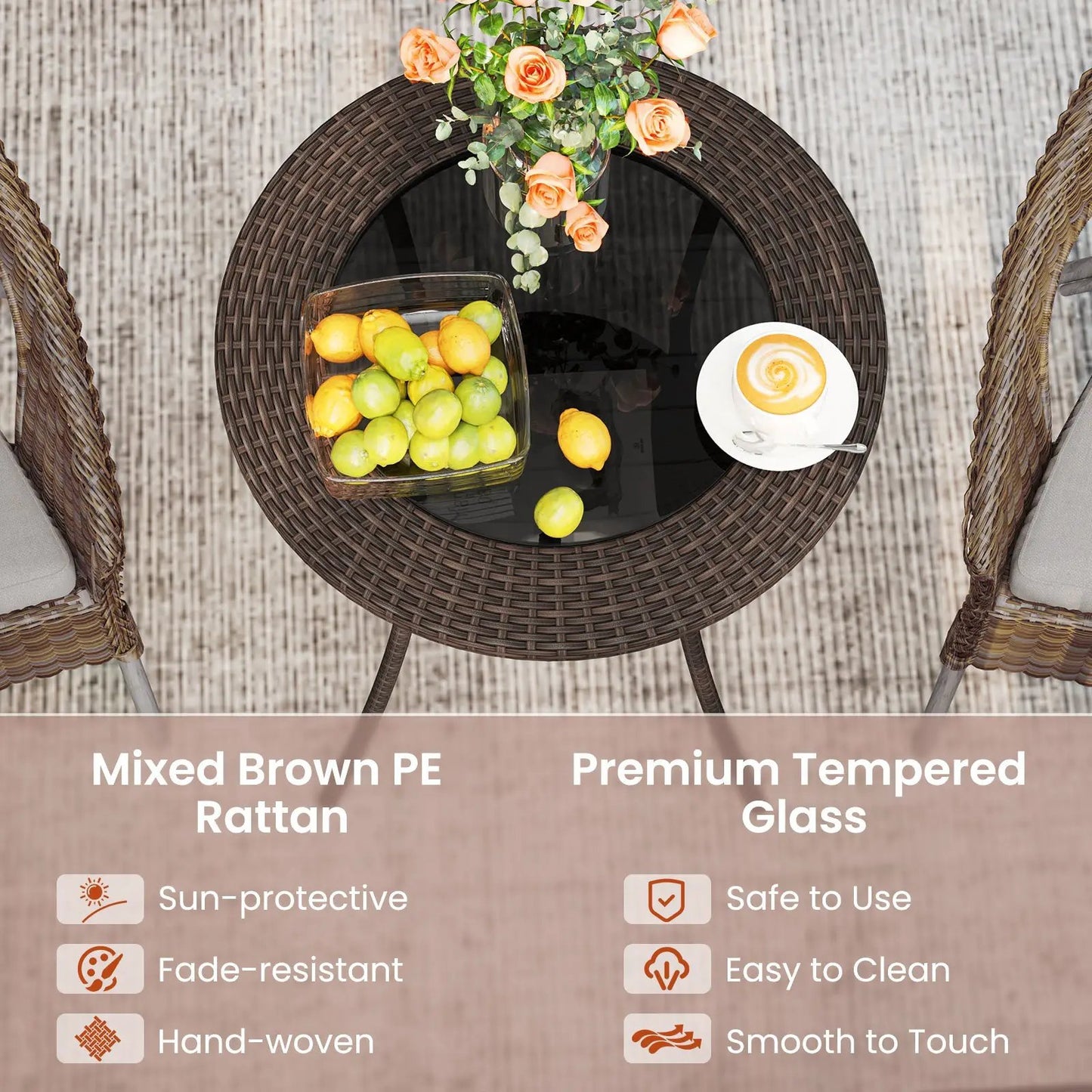 Round brown PE wicker patio bistro table with tempered glass top on Tampa Home & Garden Store