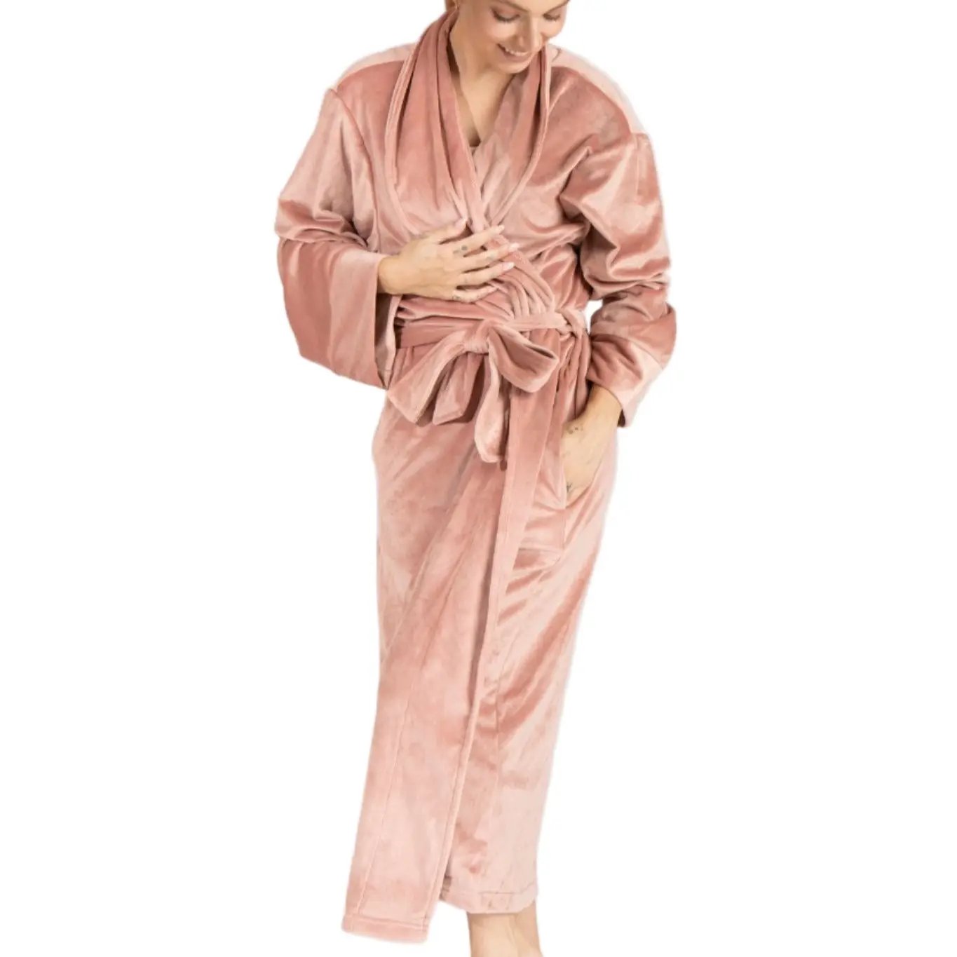 Plush Velour Women's Robe by Pure Fiber in rose pink velour with belt-tie wrap, knee-length on Tampa Home & Garden Store