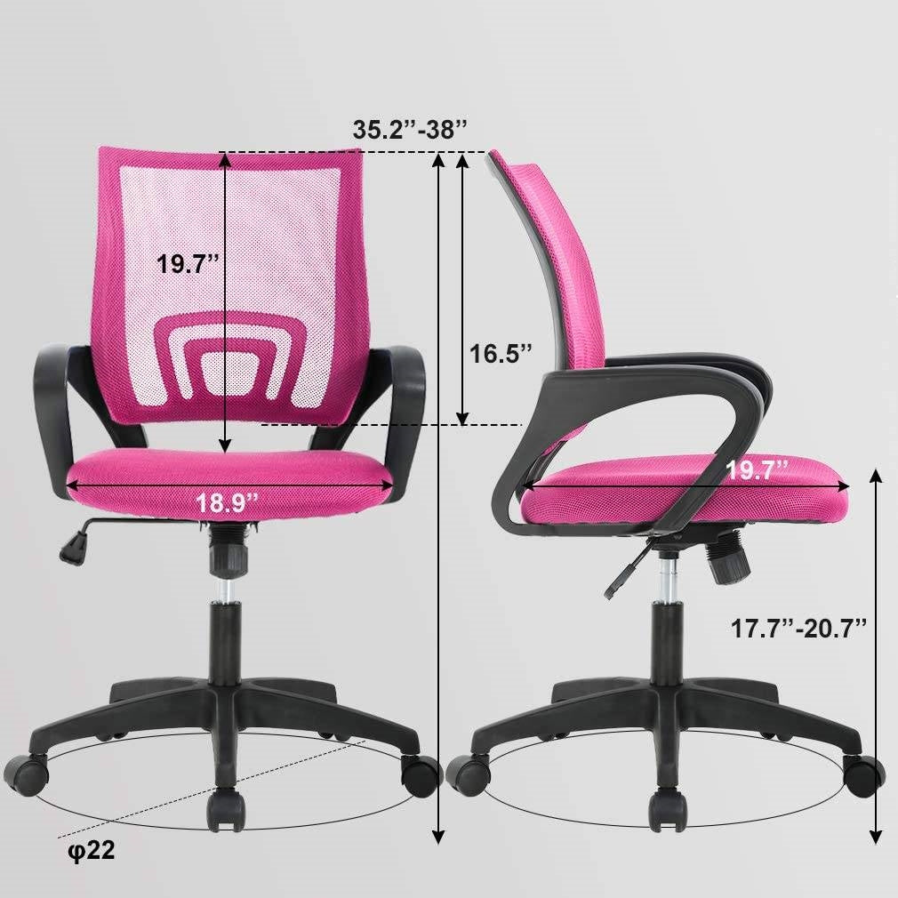 Silla de oficina ergonómica moderna de malla rosa con respaldo medio, reposabrazos y ruedas