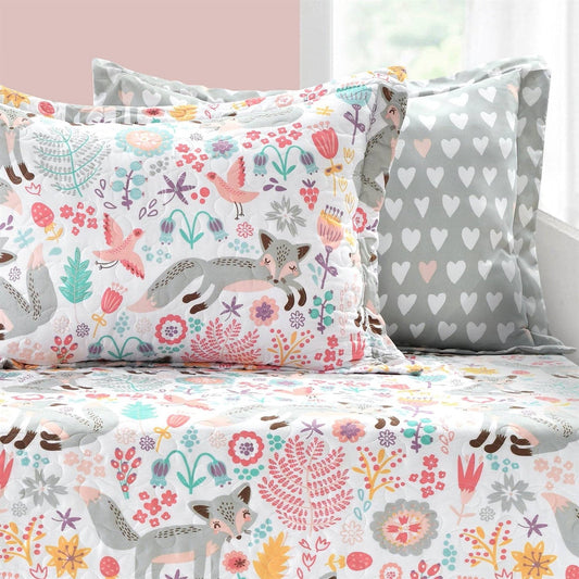 Juego de ropa de cama de 6 piezas con funda para cama nido de zorros florales en rosa, verde azulado, naranja y gris