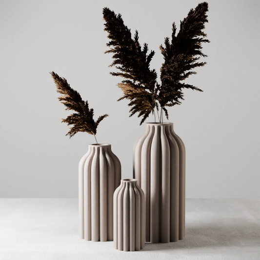 Pillar Vase set of three in beige ribbed ceramic (large, medium, small) on Tampa Home & Garden Store