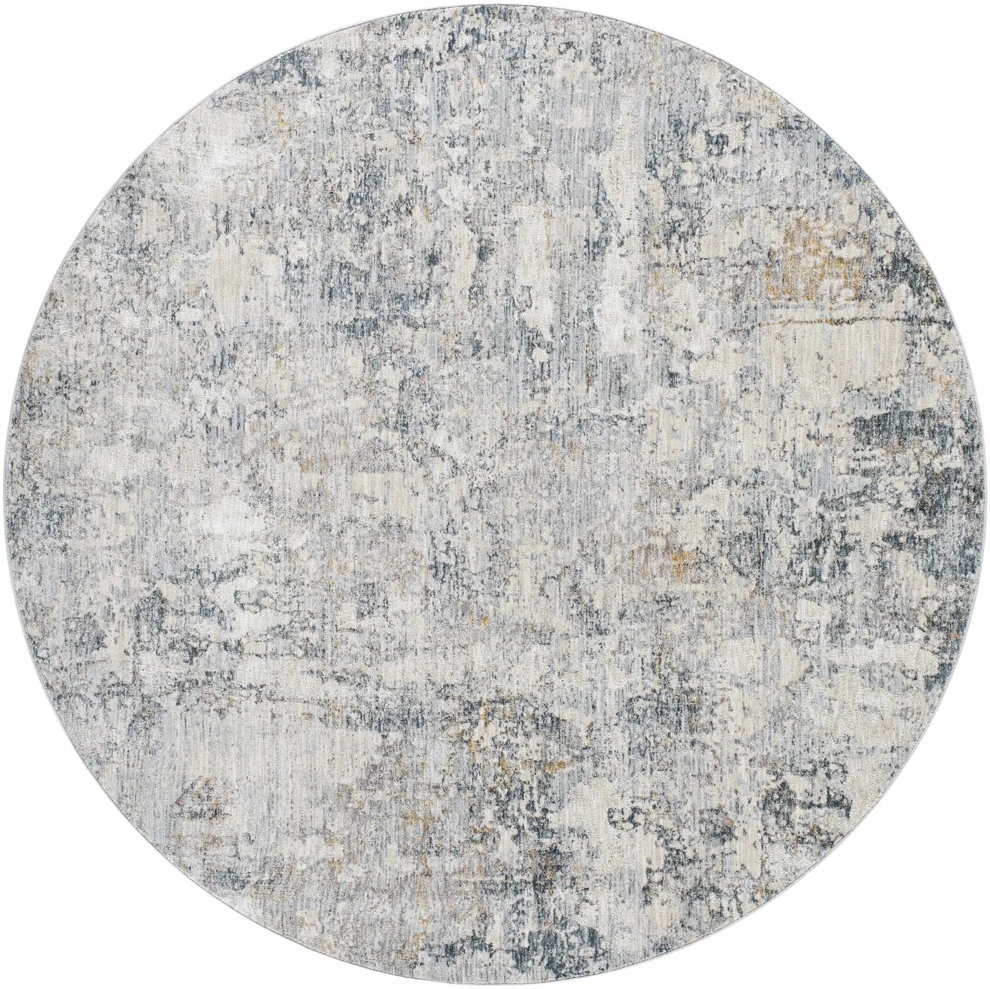 Pinjarra Luxe Rug by Boutique Rugs, round machine-woven polyester in grey ivory with gold accents on Tampa Home & Garden Store