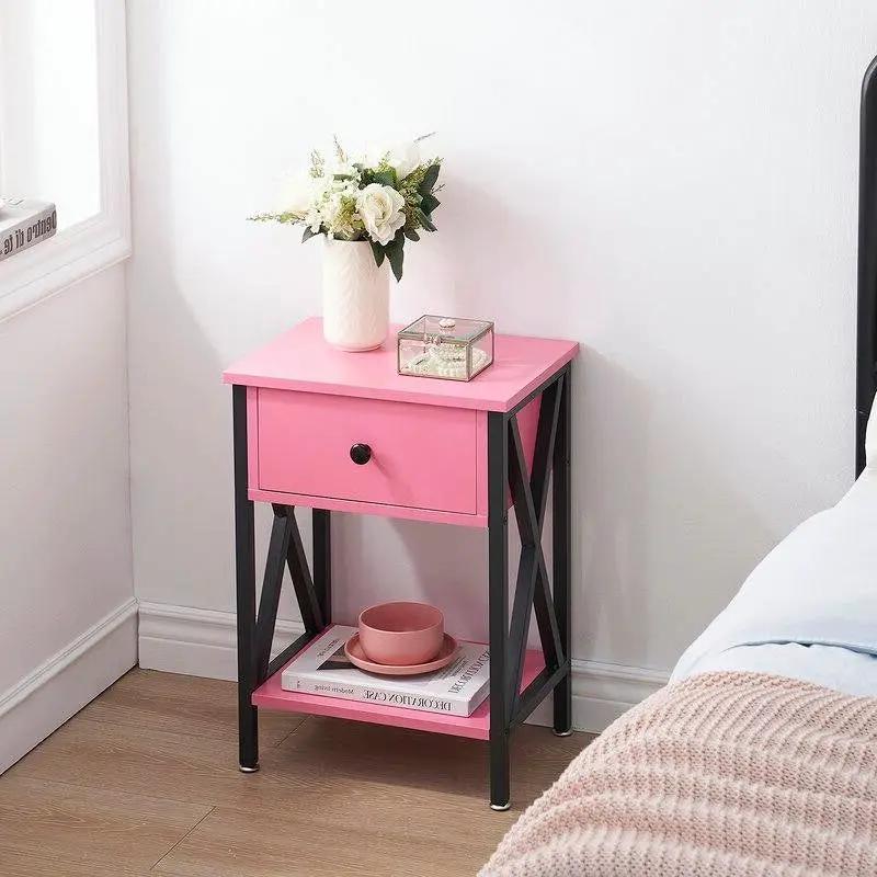 Set of 2 - 1-Drawer Nightstand Bedside Table in Pink and Black - Tampa Home & Garden Store