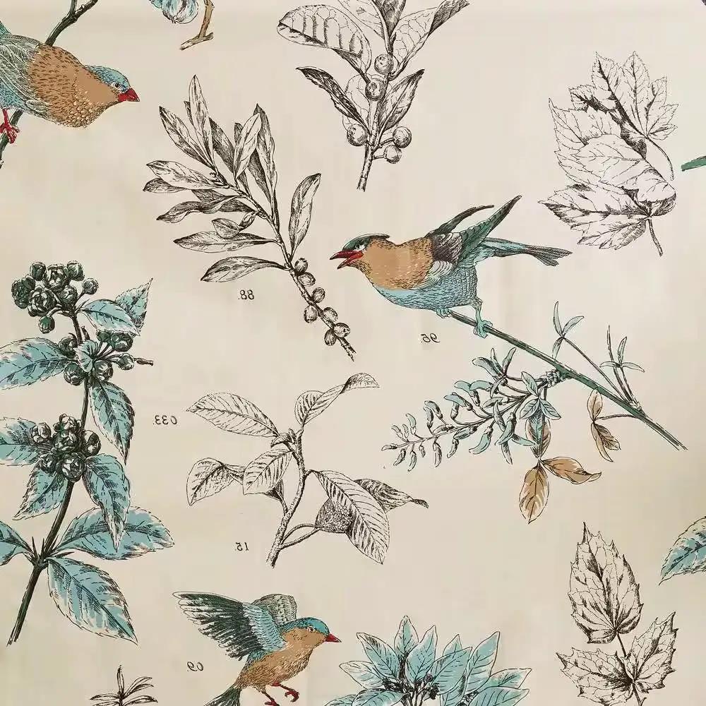 72-inch Beige Khaki Cotton Shower Curtain with Vintage Birds Leaf Floral Print - Tampa Home & Garden Store