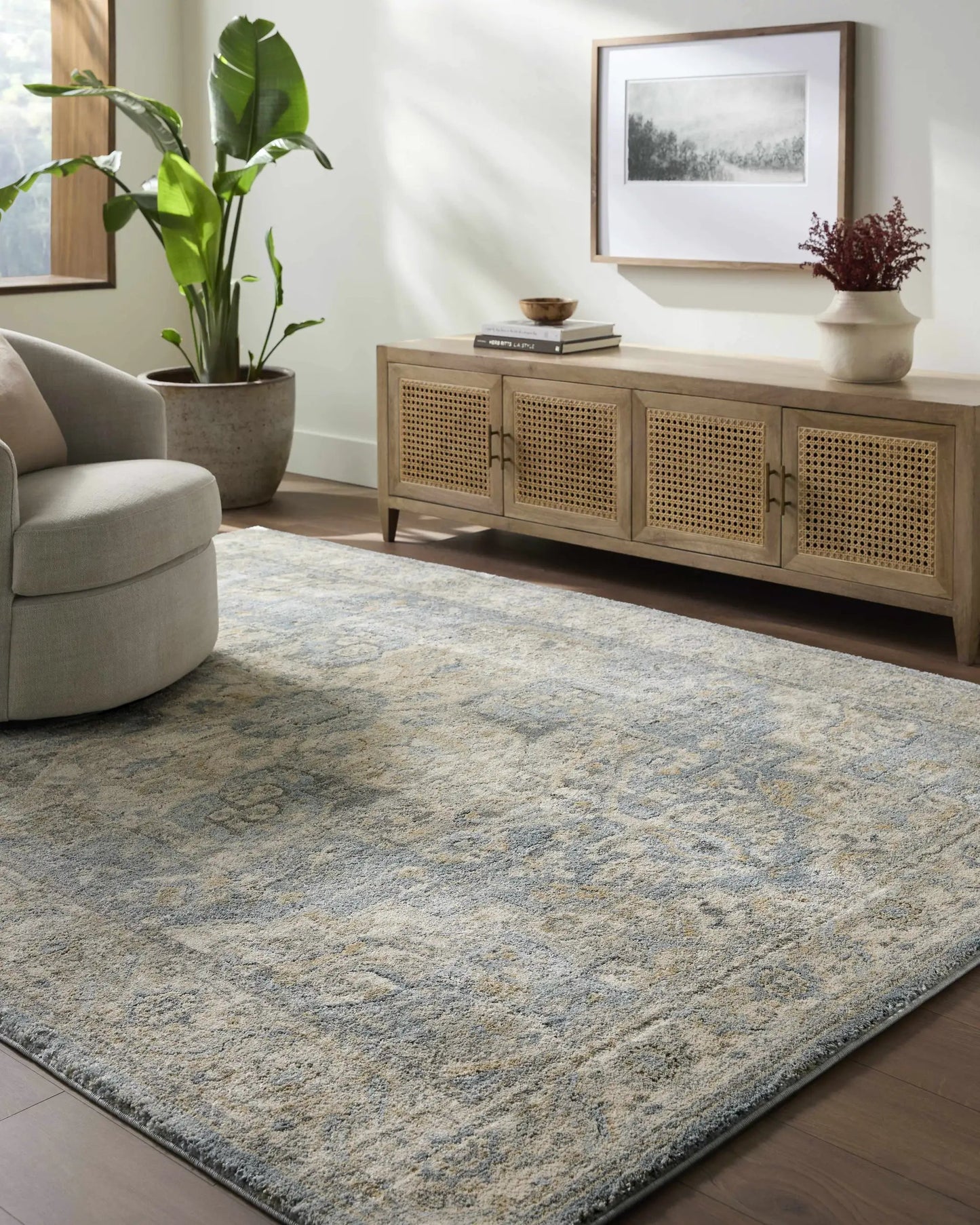 Akshay beige thick Luxe machine-woven area rug with subtle gray pattern on Tampa Home & Garden Store