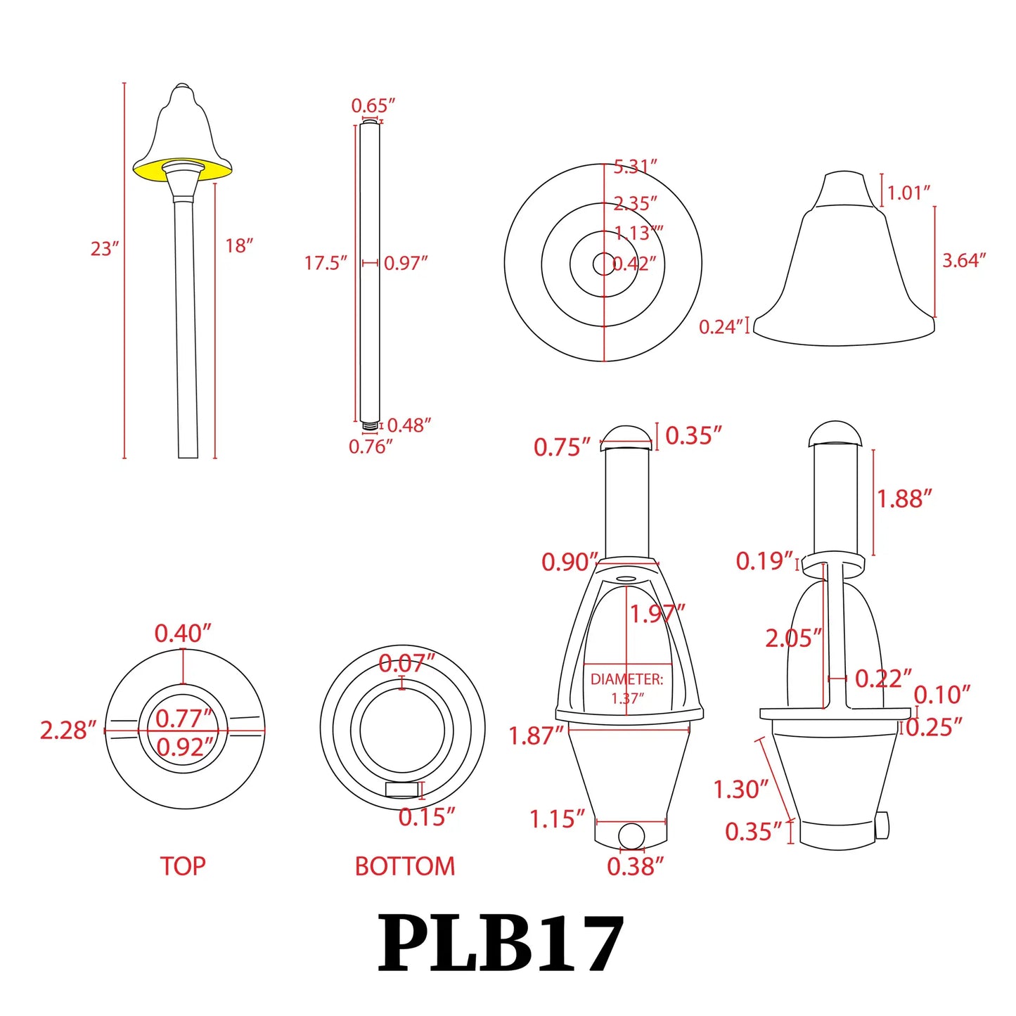 Brass LED bell path light PLB17 technical drawing with dimensions by Kings Outdoor Lighting on Tampa Home & Garden Store