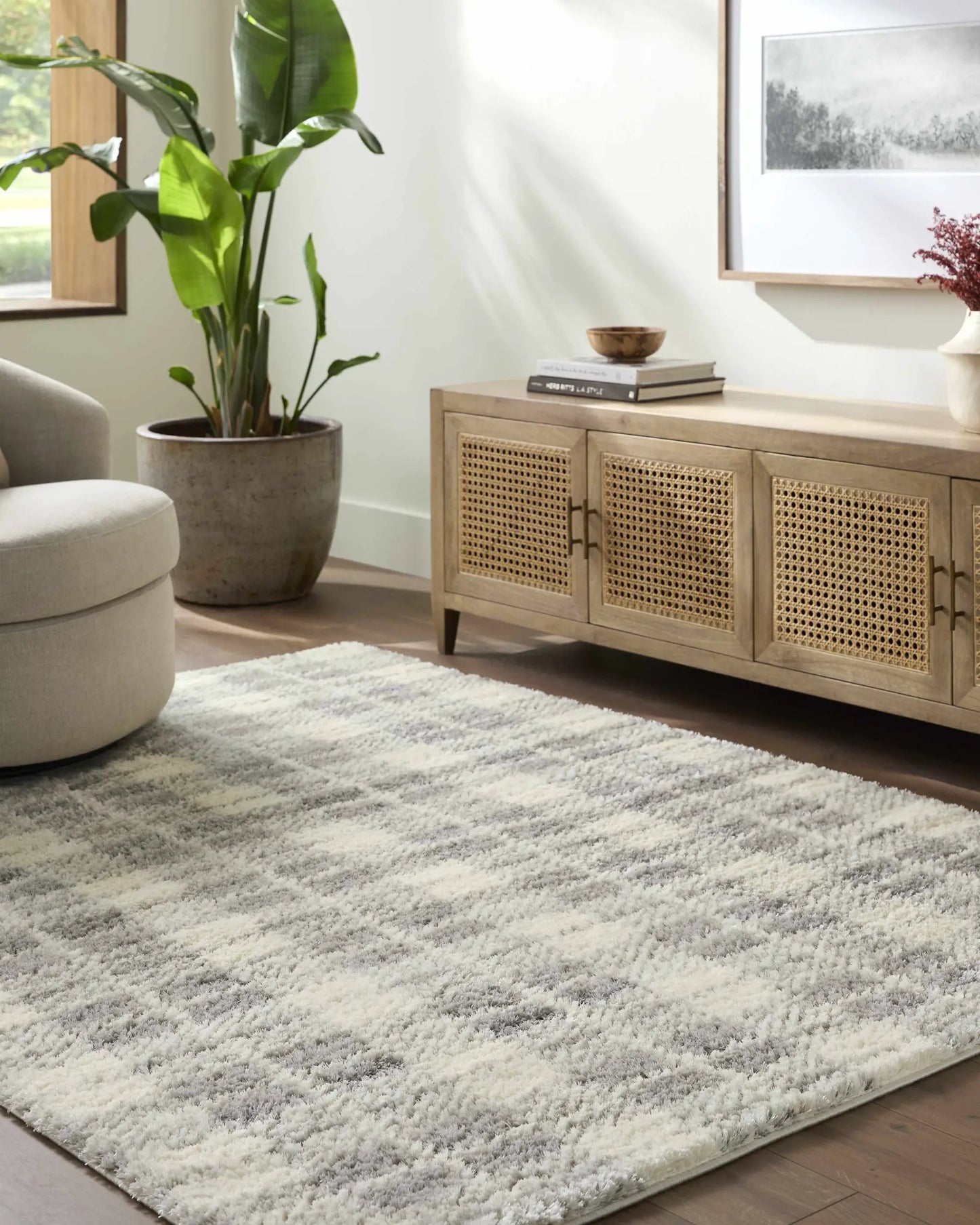 Anfisa Tan Luxe Shag Rug by Boutique Rugs, 100% polyester, soft tan shag in living room on Tampa Home & Garden Store