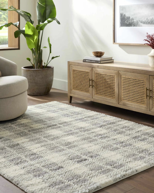 Anfisa Tan Luxe Shag Rug by Boutique Rugs, 100% polyester, soft tan shag in living room on Tampa Home & Garden Store
