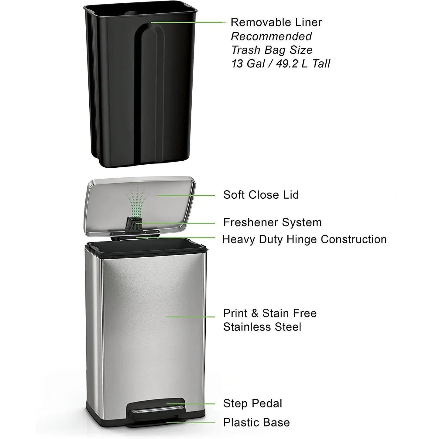 13-Gallon Kitchen Trash Can with Step Lid Stainless Steel - Tampa Home & Garden Store