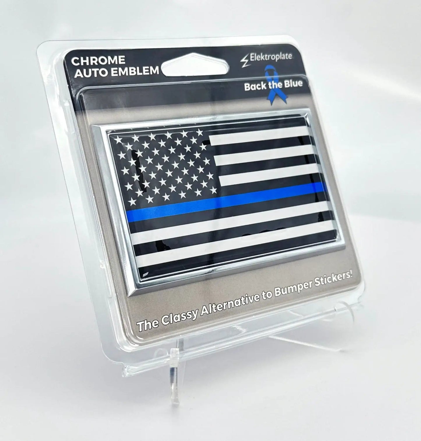 Thin Blue Line American Flag chrome car emblem by Flagman of America on Tampa Home & Garden Store