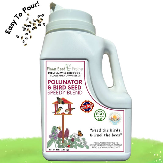 Pollinator & Bird Seed Speedy Blend by Flawn Seed Kits, white jug with label on Tampa Home & Garden Store