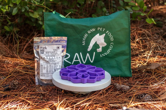 Raw PMR Pork Meal Blend for Cats & Dogs in a silver pouch beside a green Raw Instincts bag on Tampa Home & Garden Store
