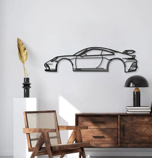 911 GT3 Model 992 metal wall art, black line-art car silhouette on Tampa Home & Garden Store