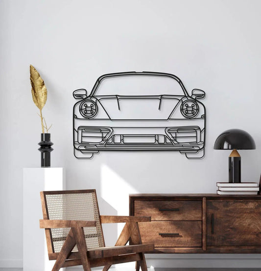 Porsche 911 Model 992 front-view wall art in black metal line art by Modello Turbo decor on Tampa Home & Garden Store