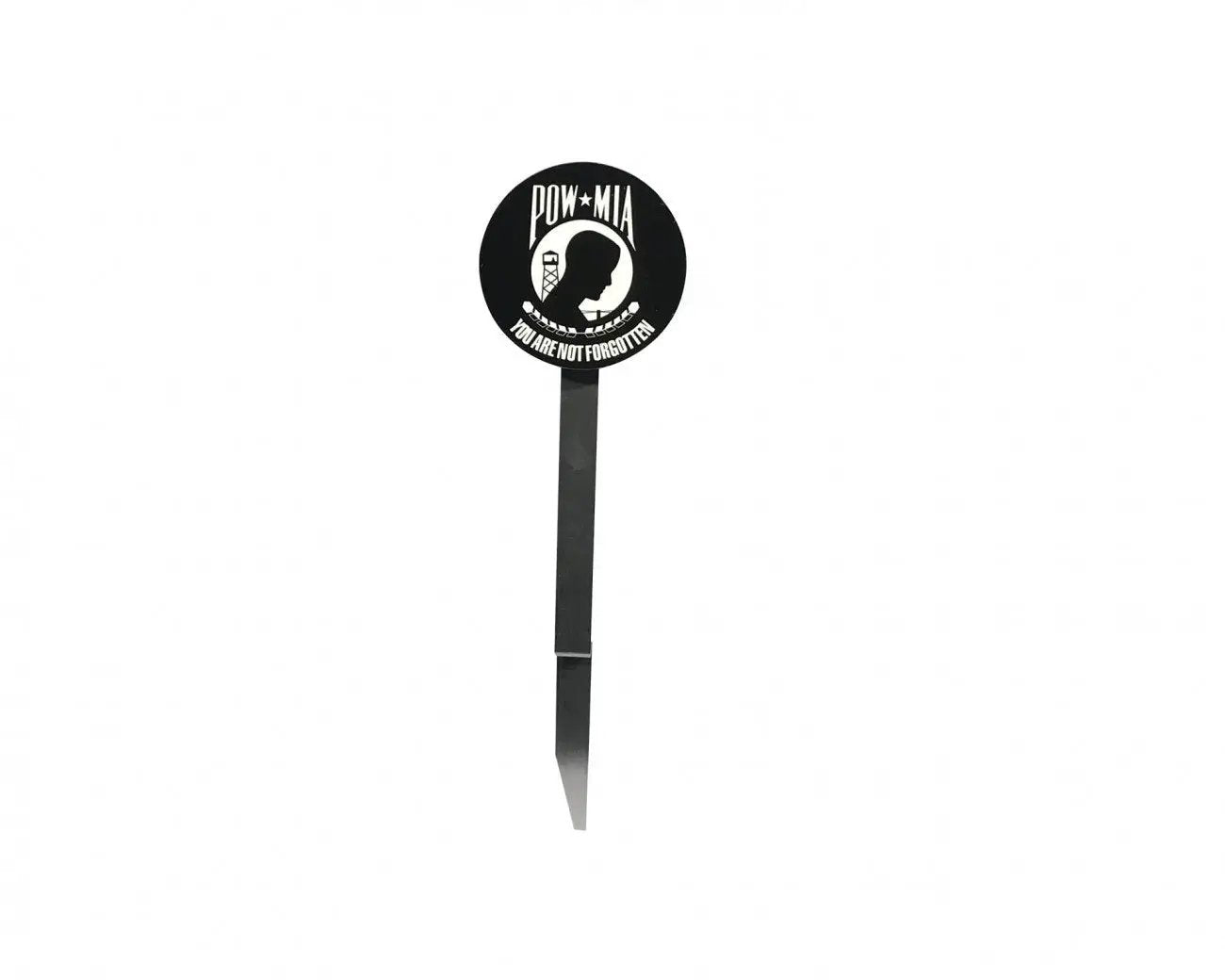 POW MIA grave marker on a black circular head with white silhouette mounted on a metal stake on Tampa Home & Garden Store