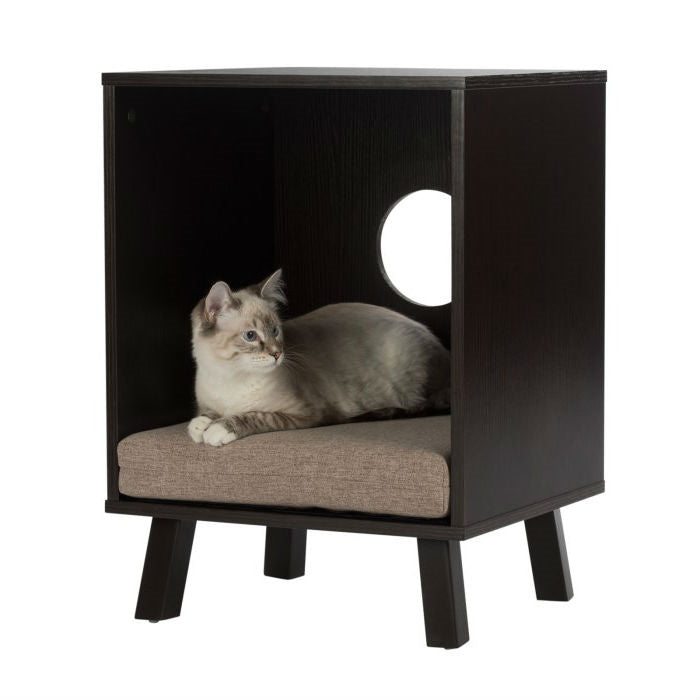 Mesa Auxiliar/Cama para Gatos Moderna y Resistente con Cubo, Color Espresso