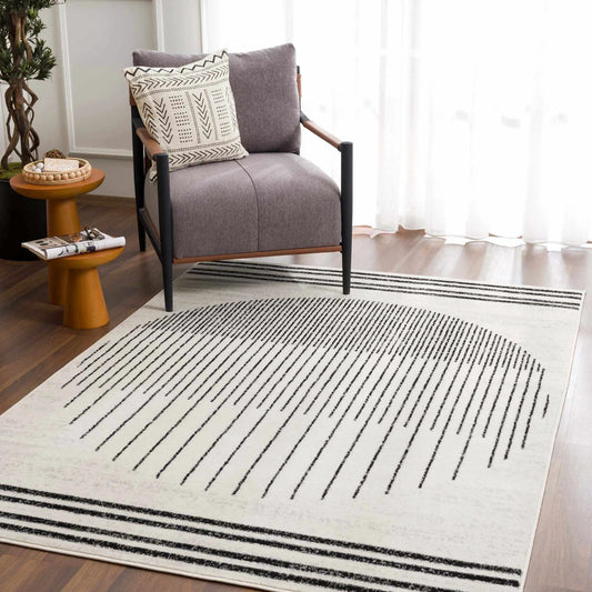 Angus Black&White Geometric Area Rug with black striped pattern on neutral ivory Boutique Rugs on Tampa Home & Garden Store