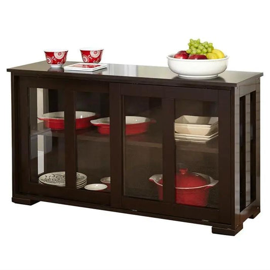 Espresso sideboard with glass doors, three-section cabinet, displaying red pots on Tampa Home & Garden Store