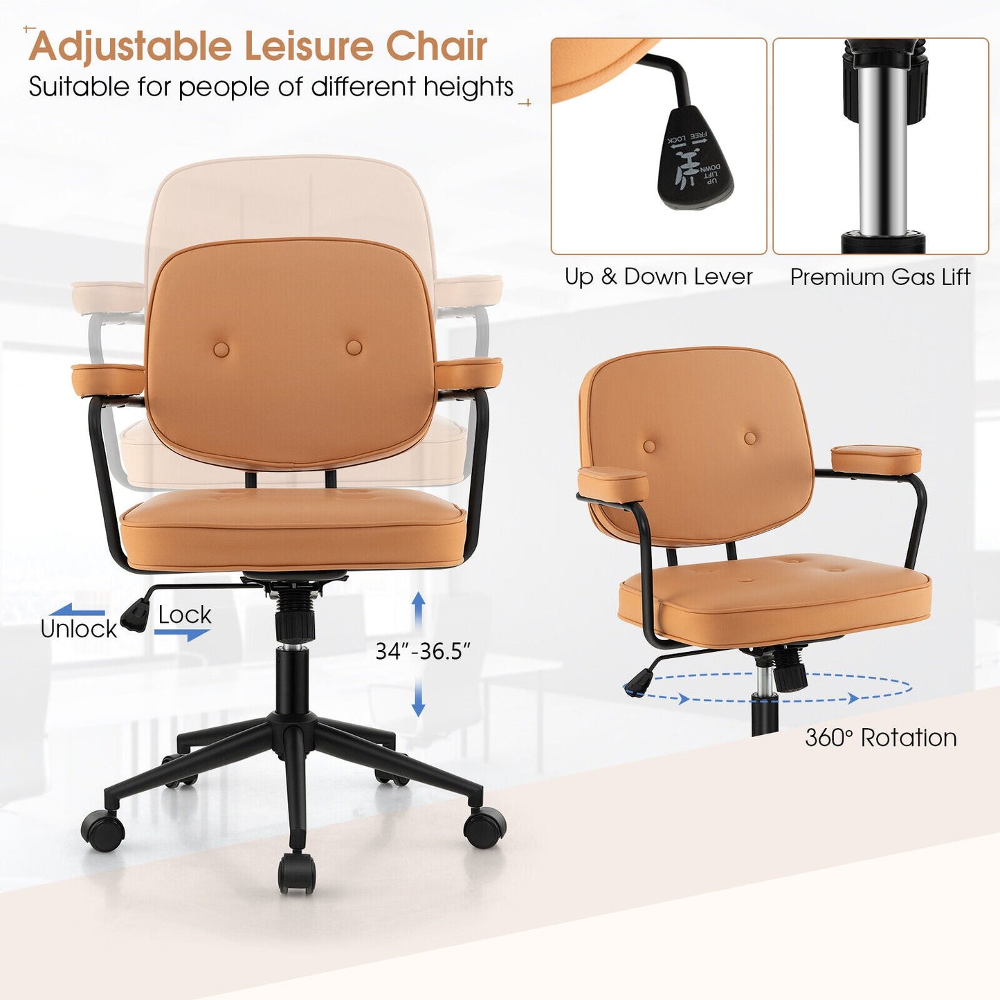 Silla de oficina de cuero sintético con respaldo reclinable y reposabrazos ergonómico - Naranja