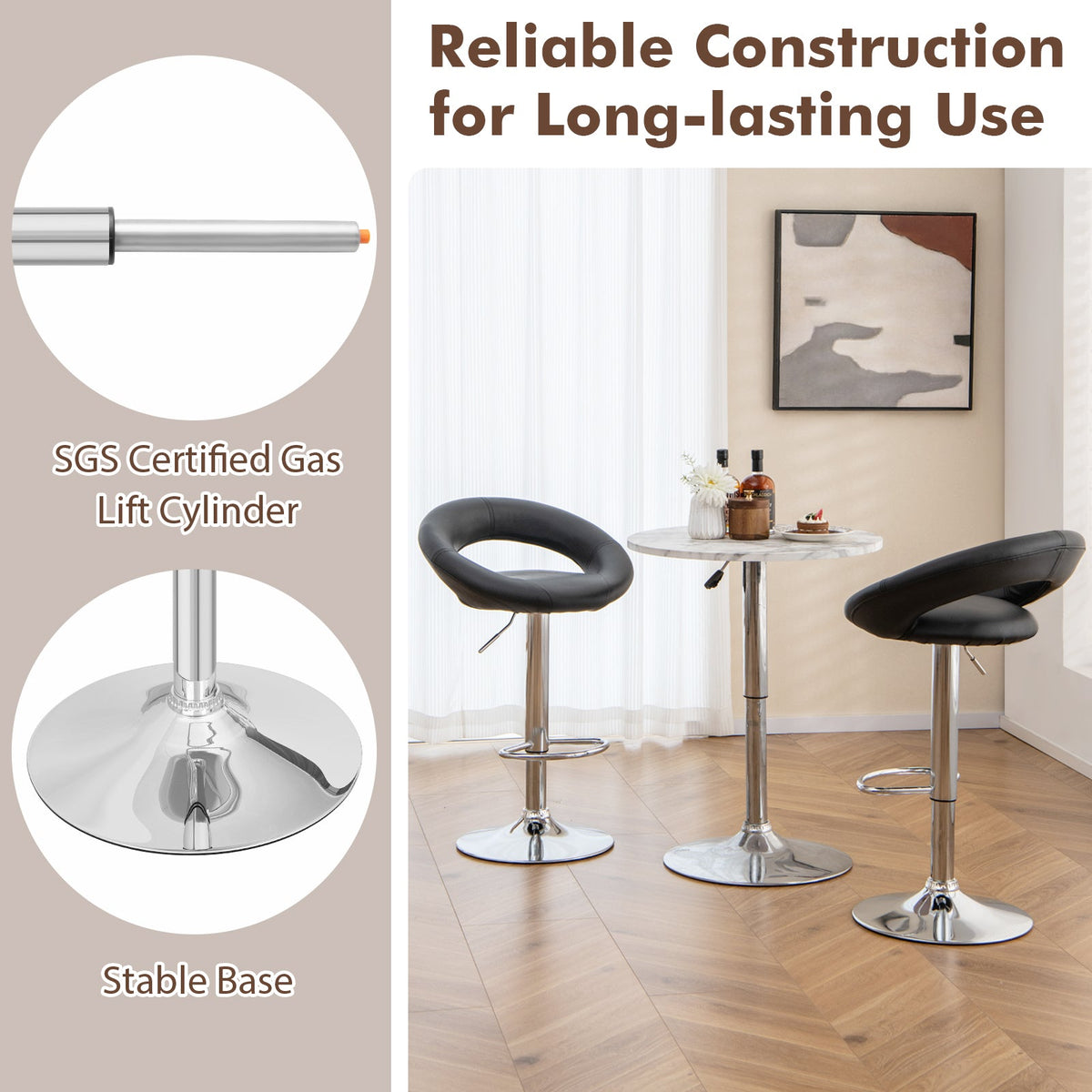 Height Adjustable Bar Stools Set of 2 with black faux leather seats and chrome pedestals on Tampa Home & Garden Store