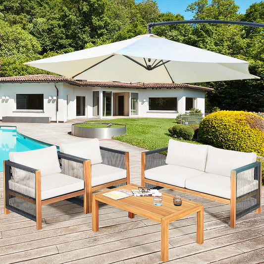 4 Pieces Wood Outdoor Patio Furniture Set with Cushions for Garden-Turquoise - Tampa Home & Garden Store