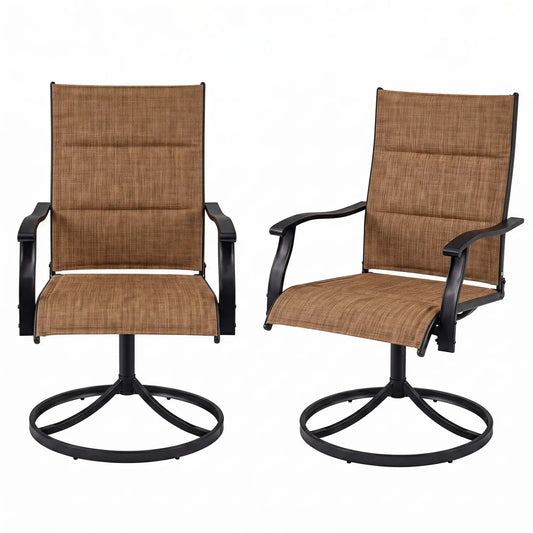 Swivel patio chairs set of 2 DirectDeals, brown padded fabric, black metal frames on Tampa Home & Garden Store