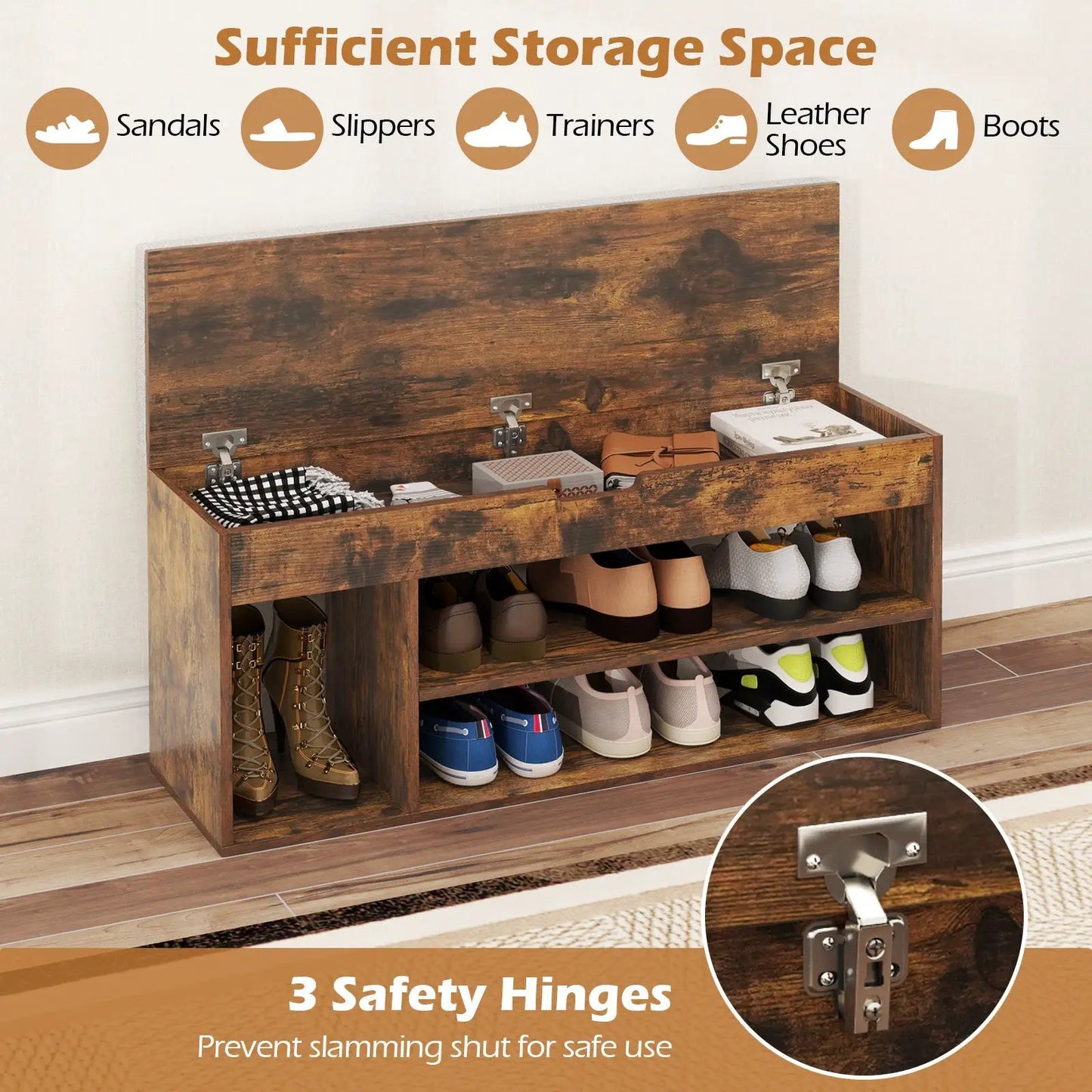 Padded seat wooden shoe bench with hidden storage in rustic coffee finish on Tampa Home & Garden Store